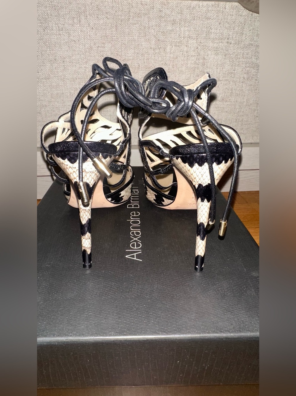 Alexandre Birman Black and Cream Lace-Up Cutout Stiletto Sandals